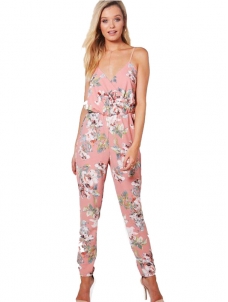 Pink S-XL V-Nevk Straps Floral Jumpsuit