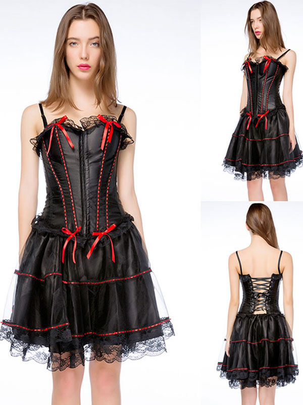 Black Red Lace Trimmed Overbust Corset With Skirt S-6XL