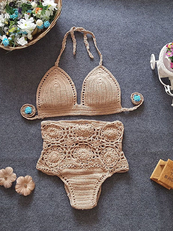 Khaki Women Beach Crochet Sexy Swimwear