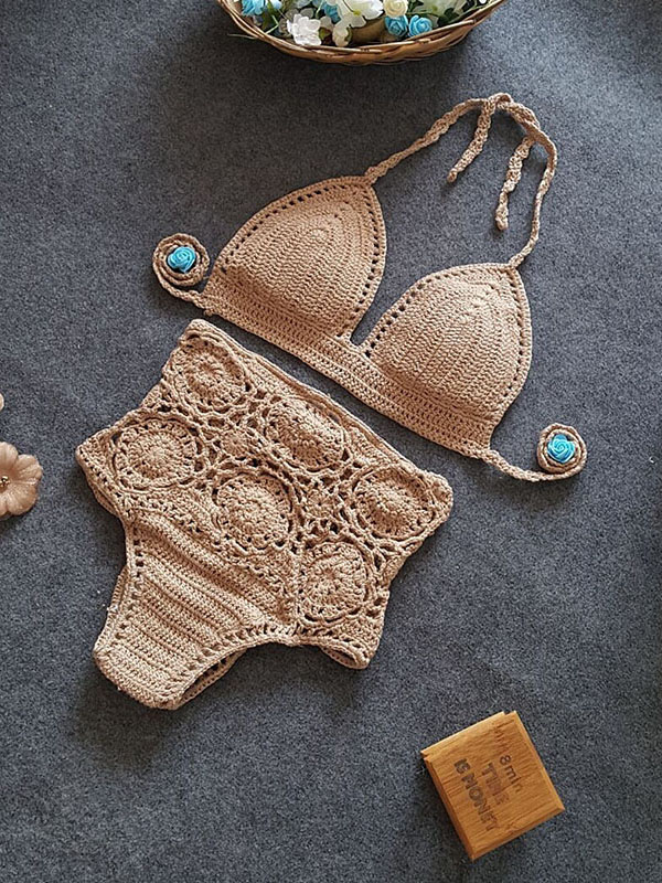 Khaki Women Beach Crochet Sexy Swimwear