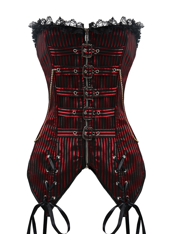 Red S-XXL Lace Trim Stripes Overbust Corset