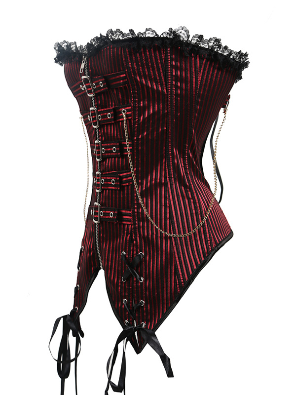 Red S-XXL Lace Trim Stripes Overbust Corset