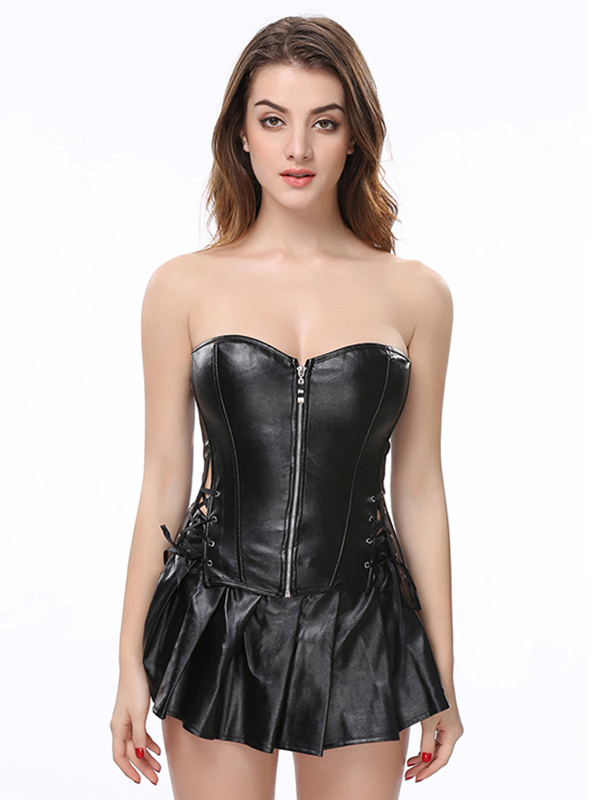 Sexy Black Faux Leather Corsets Overbust With Hollow