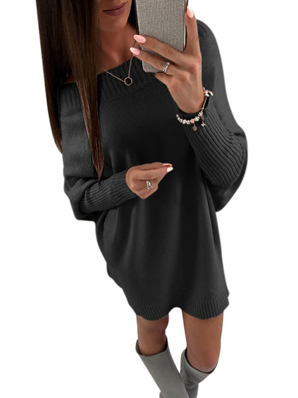 Black Dew Shoulder Knitting Sweater Dress