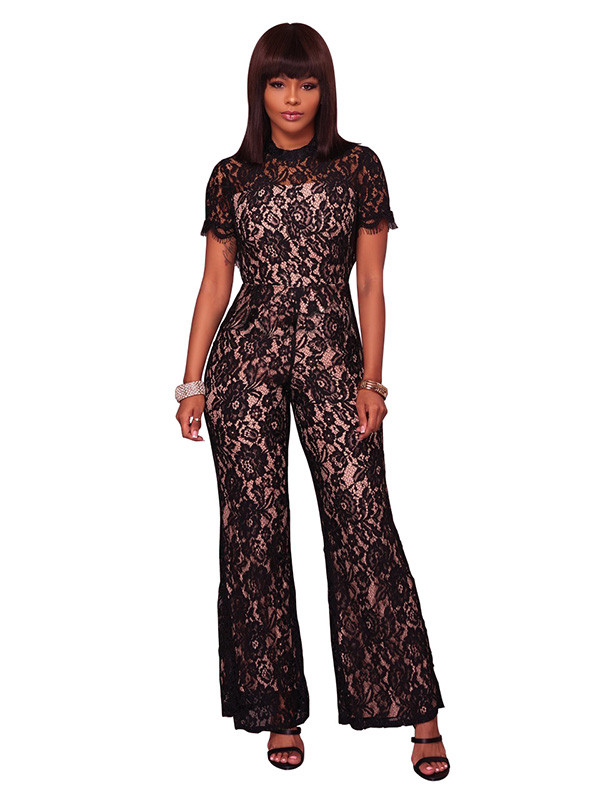 Black Hollow-out Bud Silk One-piece Jumpsuits
