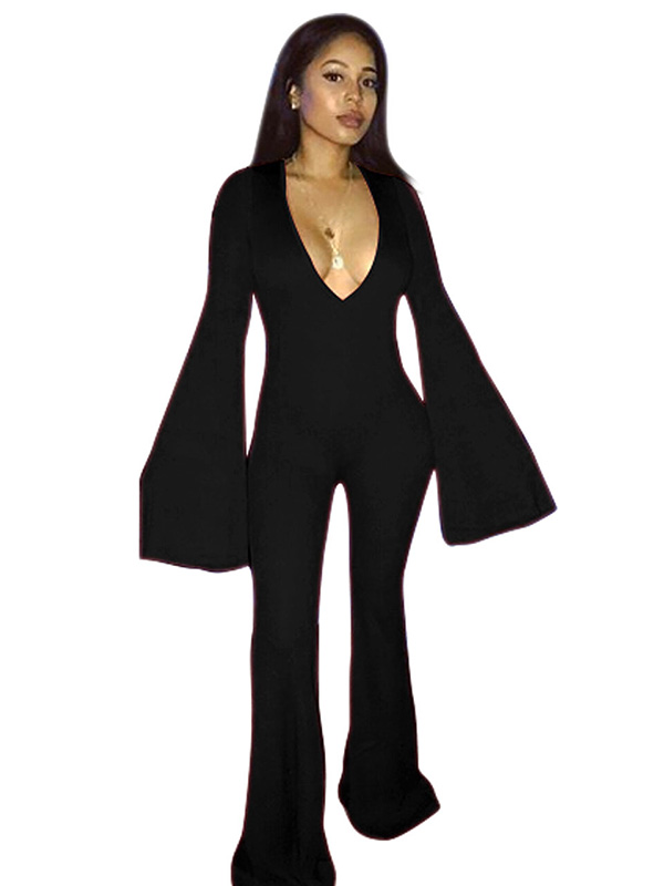 Black Polyester Solid Straight Jumpsuits  