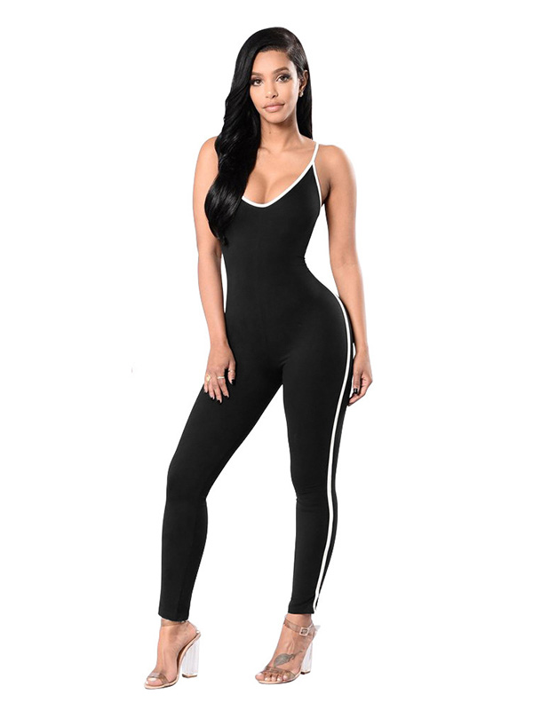 Black Polyester Striped Skinny Jumpsuits
