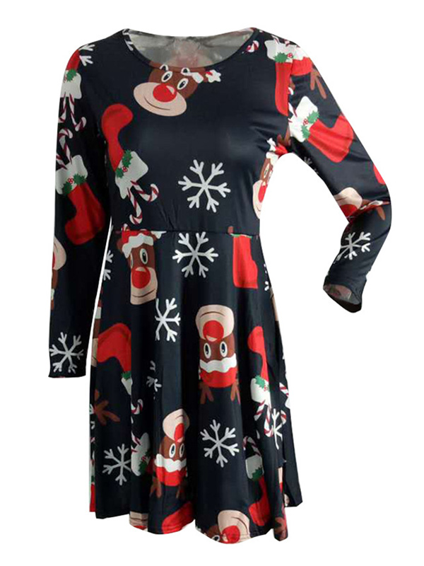Black Round Neck Long Sleeves Polyester Printed Casual Dress