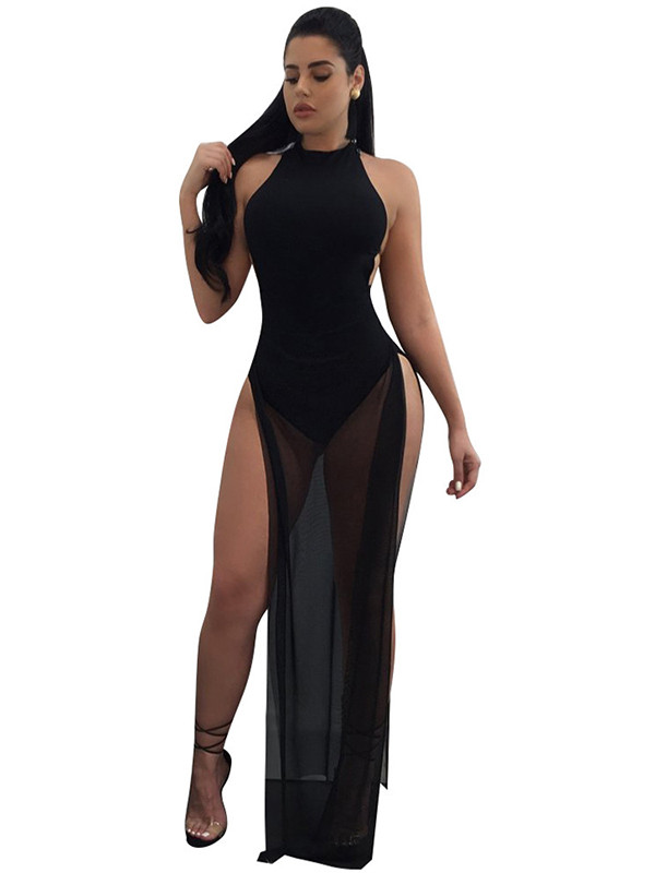 Black See-Through Twilled Ankle Length Dress