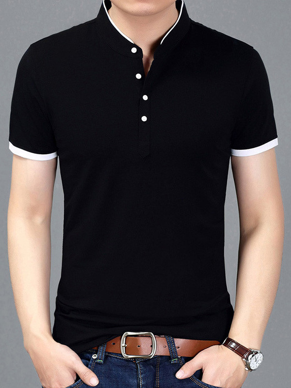 Black Short Sleeve Mandarin Collar T-Shirts