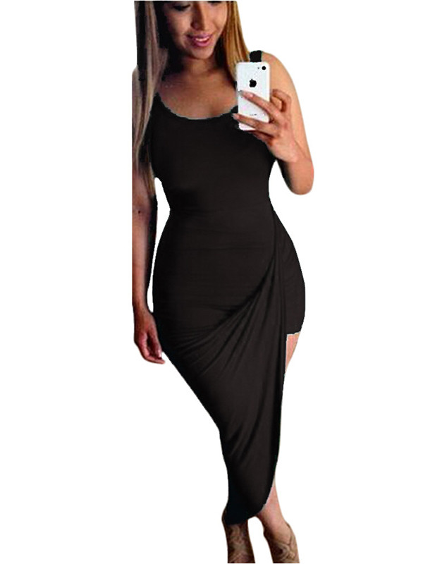 Black Sleeveless Pleated Asymmetrical Maxi Dress  
