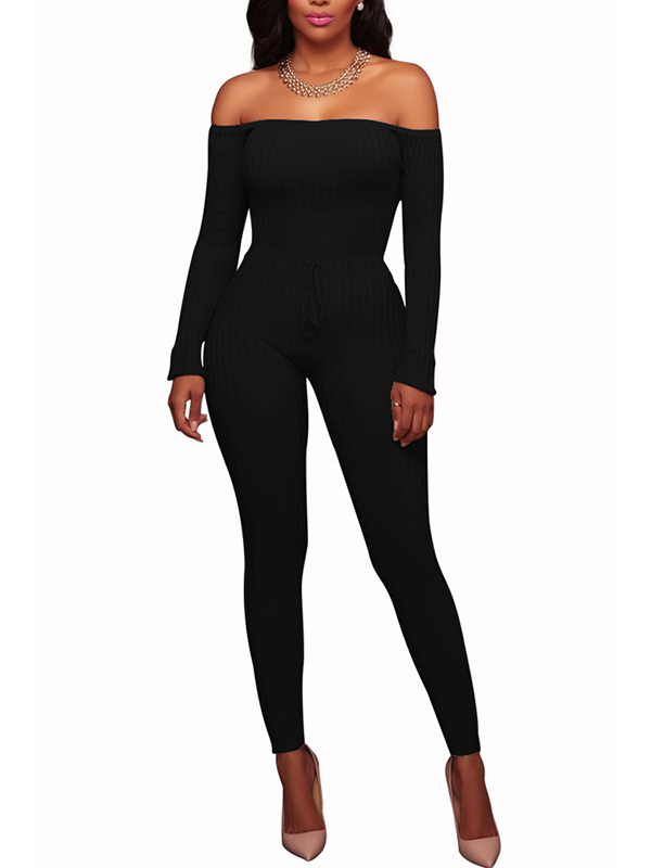 Black Stylish Dew Shoulder  One-piece Jumpsuits