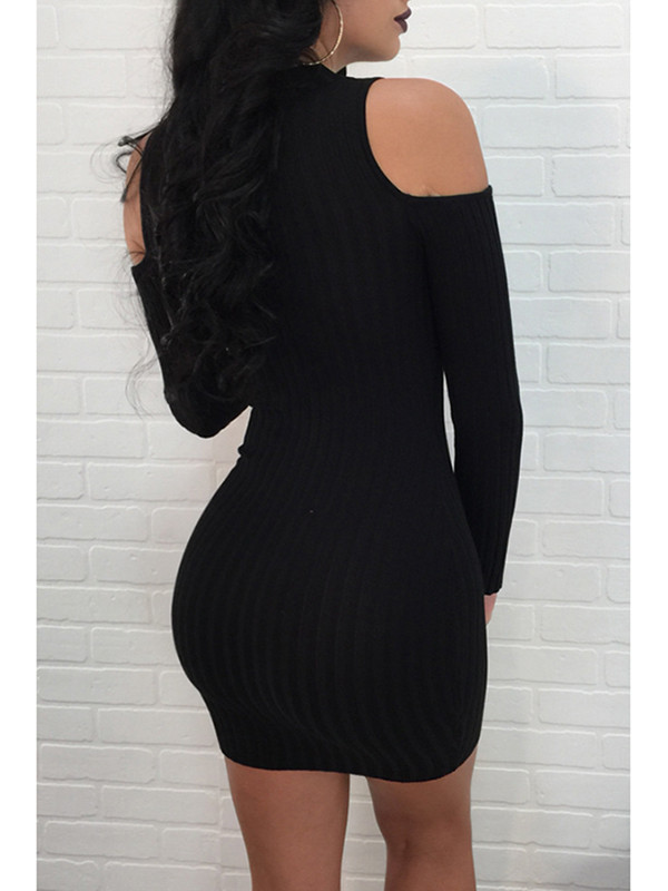 Black V Neck Zipper Design Sweater Dress 