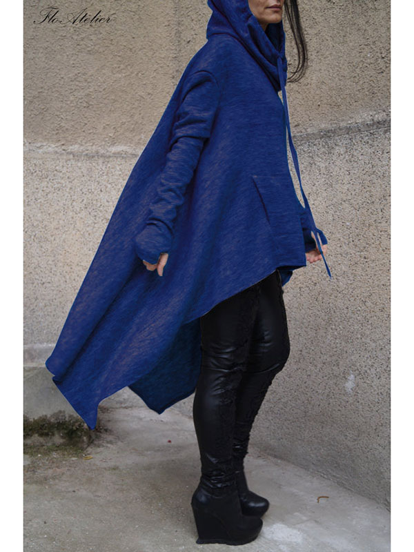 Blue Fashion Asymmetrical Hem Pullover Hooodies