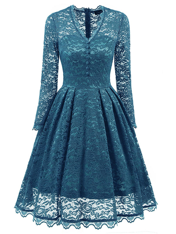 Blue Fashion Lace Trim Patchwork Dress