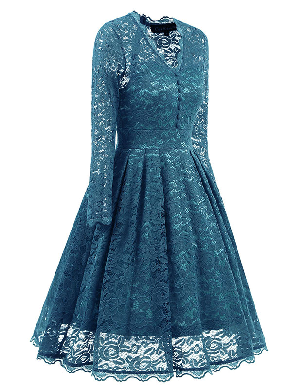 Blue Fashion Lace Trim Patchwork Dress