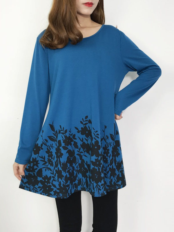 Blue Floral Printed Casual Flared Tunic Tops