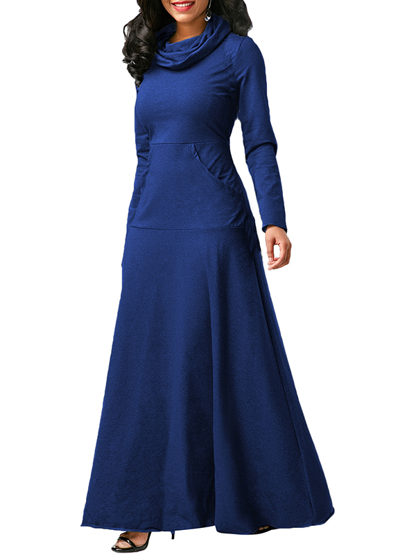 Blue Long Sleeve Cowl Neck Maxi Dress