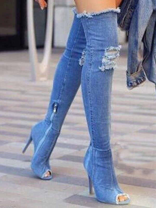 Blue Over Knee Open Toe Jeans Boots