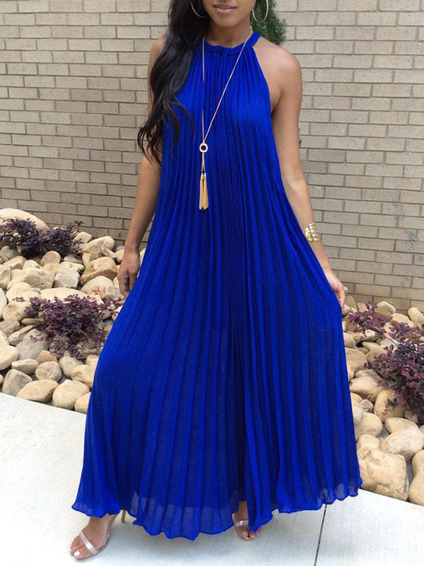 Blue Round Neck Dew Shoulder Sleeveless Maxi Dress