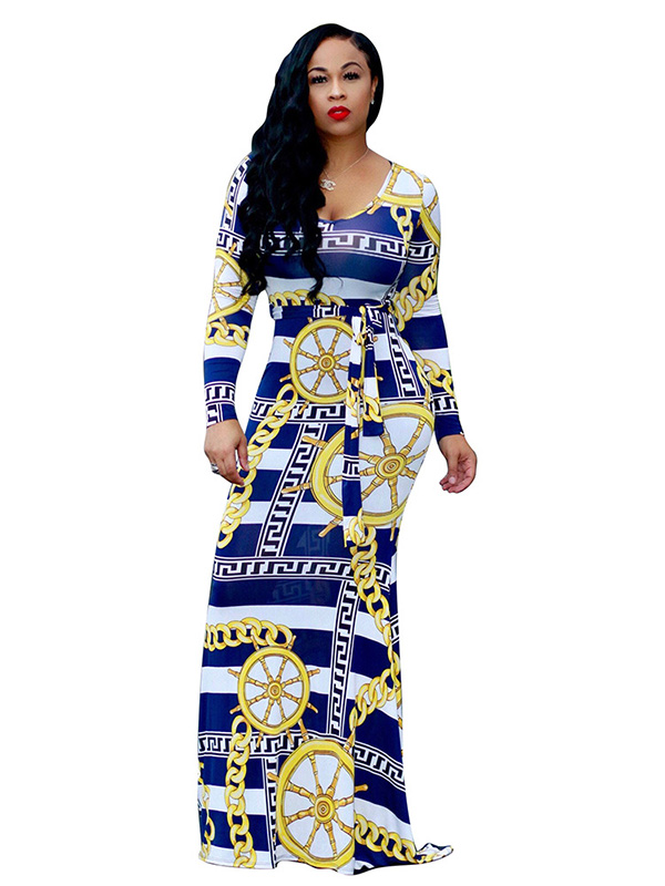 Blue Stylish Round Neck Printed Maxi Dress
