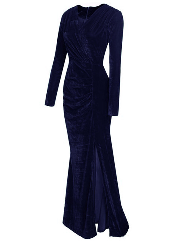 Blue Trendy V Neck Velvet Fold Design Dress