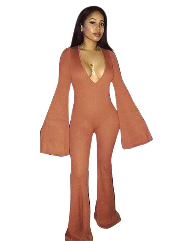 Brown Polyester Solid Straight Jumpsuits  