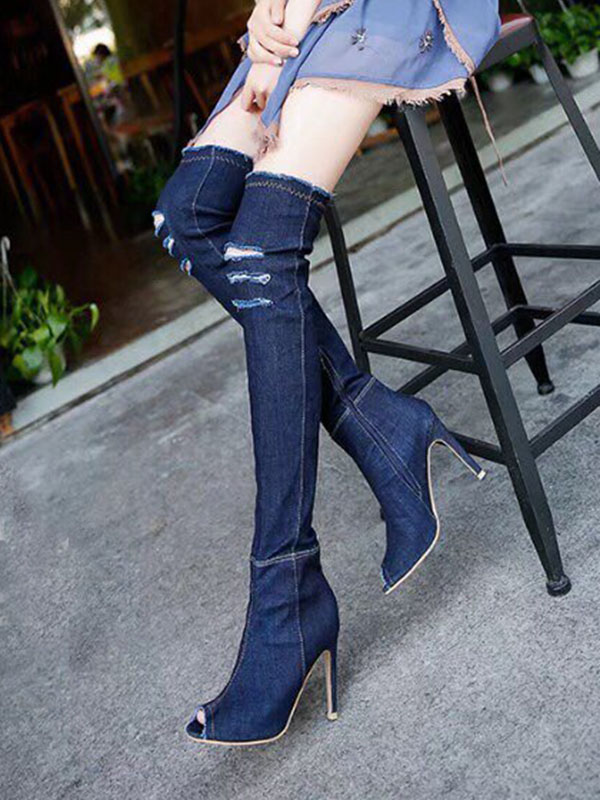 Dark Blue Over Knee Open Toe Jeans Boots