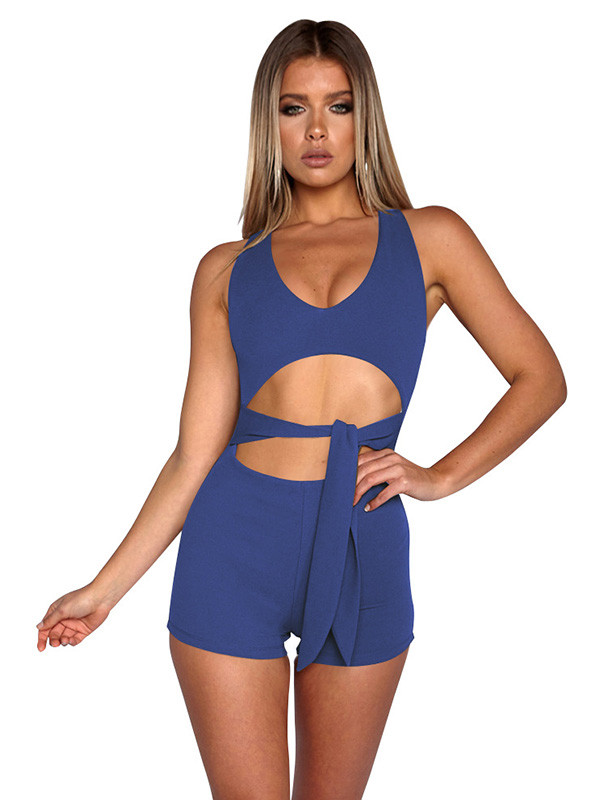 Dark Blue Sexy V Neck Lace-up Hollow-out Jumpsuits