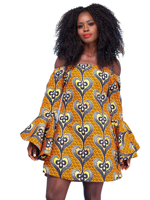 Ethnic Style Dew Shoulder Printed Mini Dress 