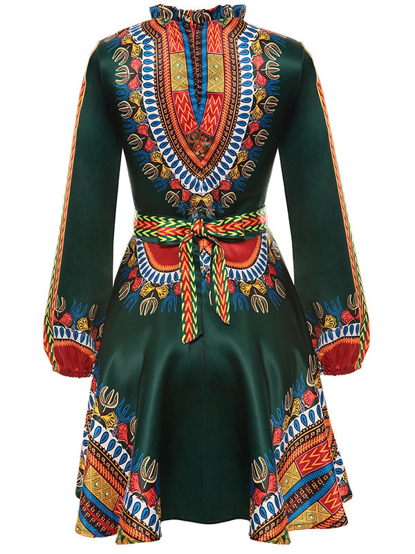 Ethnic Style Long Sleeves Totem Printed Green Mini Dress