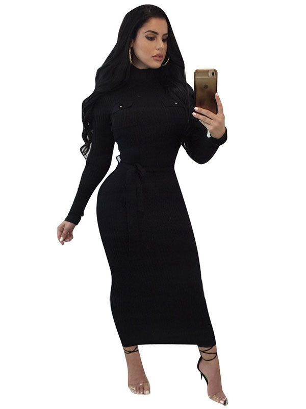 Euramerican Long Sleeves Black Polyester Mid Calf Dress