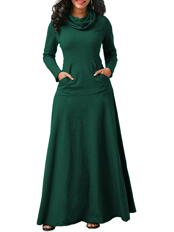 Green Long Sleeve Cowl Neck Maxi Dress