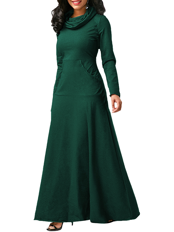 Green Long Sleeve Cowl Neck Maxi Dress