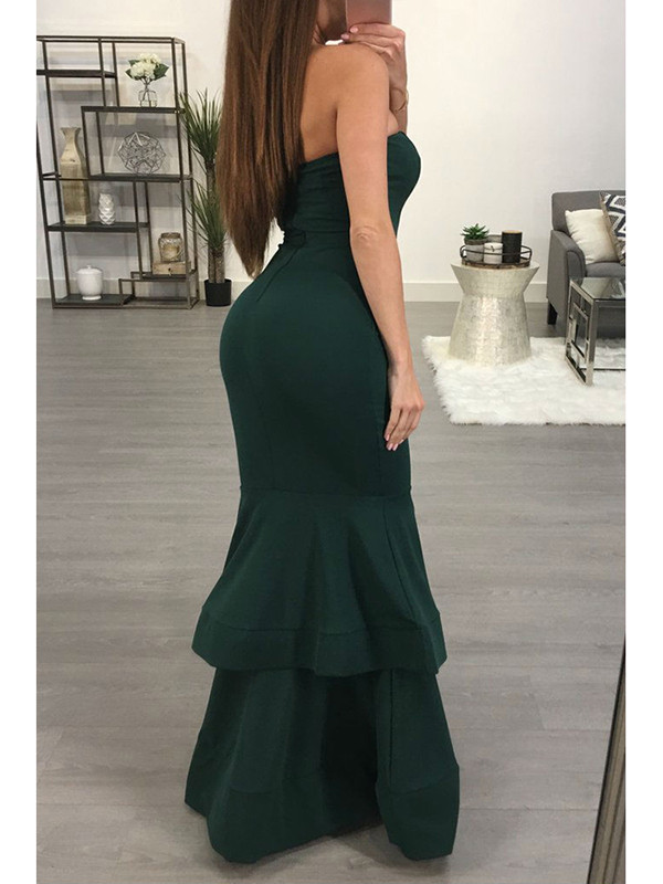 Green Sexy Dew Shoulder Falbala Maxi Dress