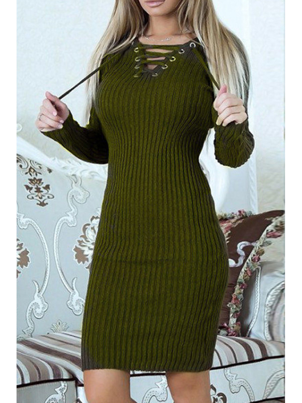 Green Sexy V Neck Lace-up Sweater Dress