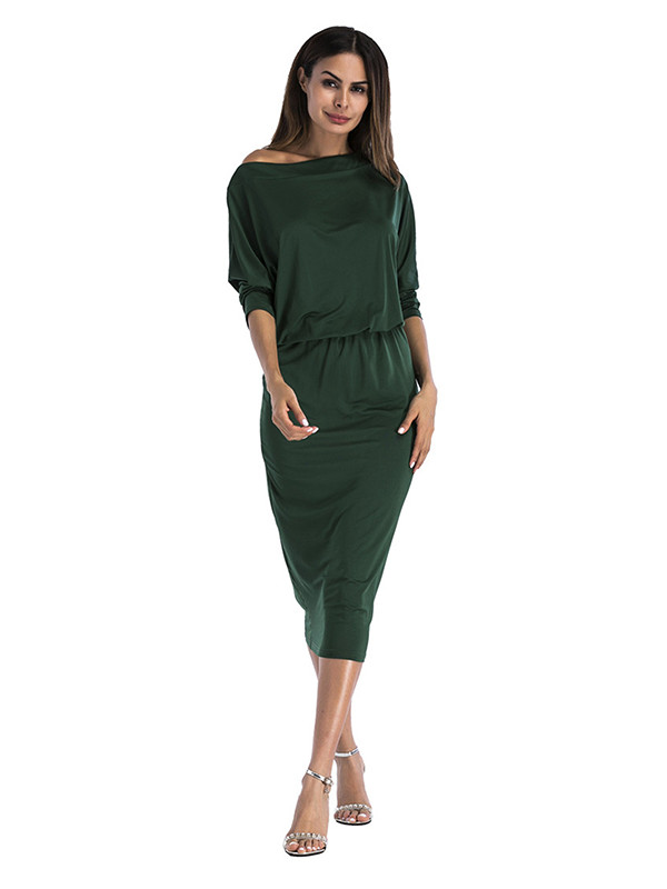 Green Stylish Dew Shoulder Asymmetrical  Dress