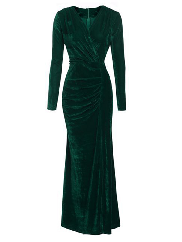 Green Trendy V Neck Velvet Fold Design Dress