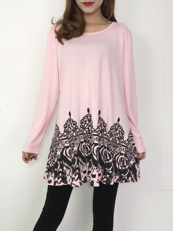 Pink Floral Printed Casual Flared Tunic Tops