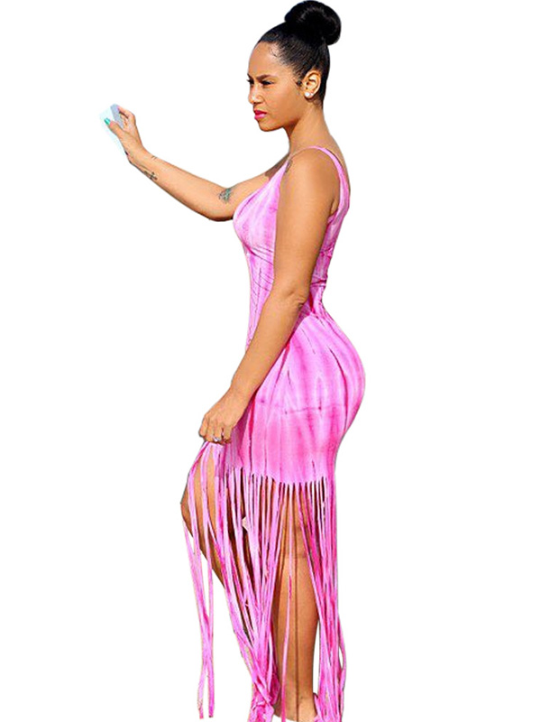 Pink Round Neck Tassel Ankle Length Maxi Dress 
