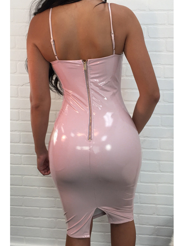 Pink V Neck Zipper Design Knee Dress