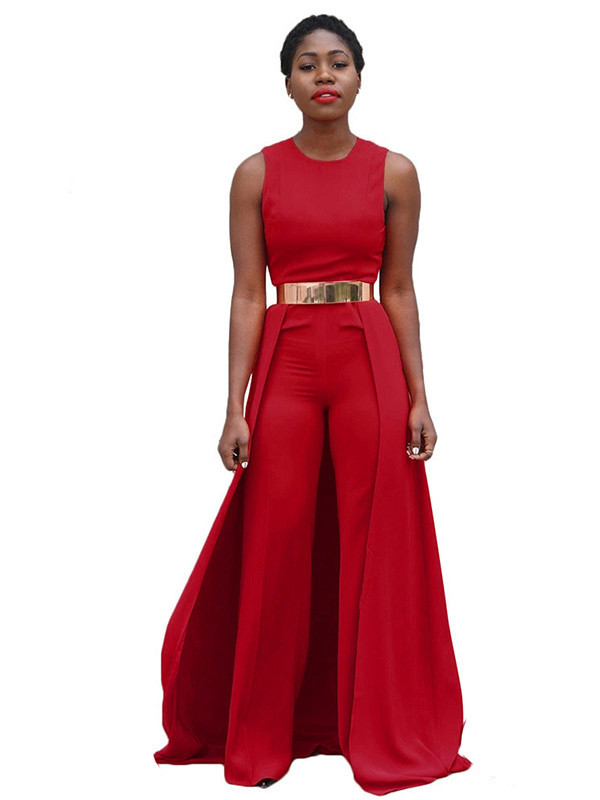 Red Cotton Solid Regular Jumpsuits