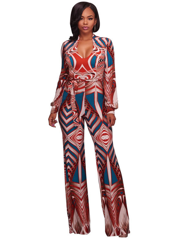 Red Euramerican Printed One-piece Jumpsuits