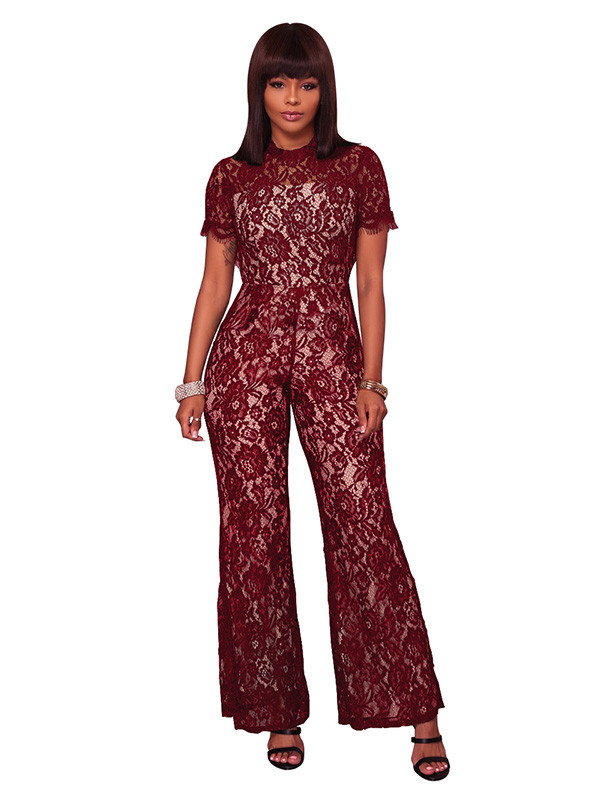 Red Hollow-out Bud Silk One-piece Jumpsuits