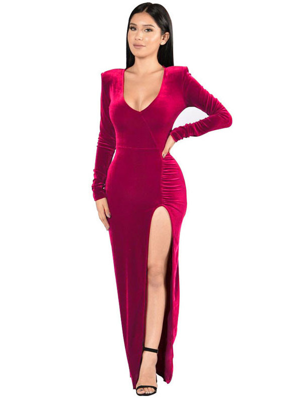 Red Sexy Long Sleeves Side Split Dress 