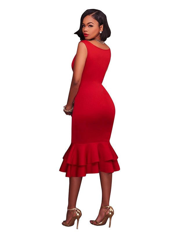 Red Trendy Round Neck Falbala Design Dress