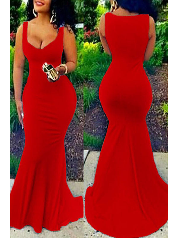 Red U-shaped Neck Sleeveless Maxi Dress