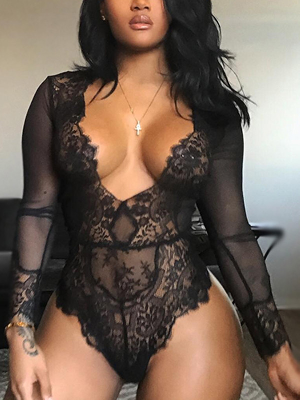 Sexy V Neck See-Through Lace Bodysuit 