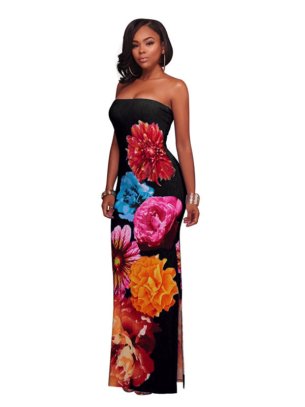 Trendy  Floral Print Black Polyester Sheath Dress