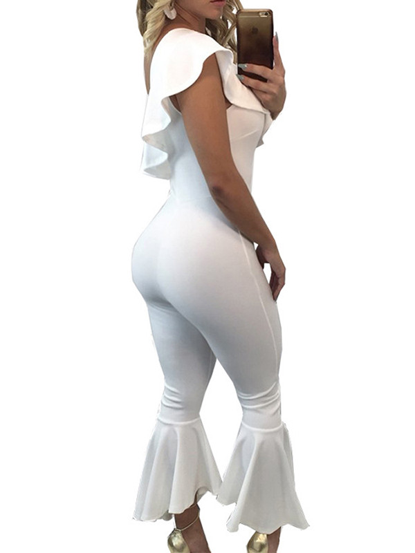 Trendy Falbala Design White Polyester  Jumpsuits